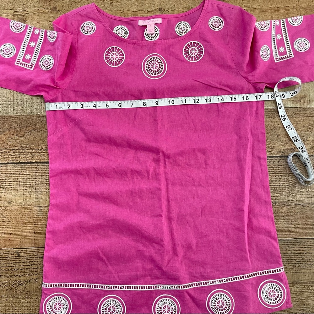 Lilly Pulitzer Wide Neck Tunic Top Linen Fuchsia Pink White Emroidery Size 0 - Picture 6 of 7